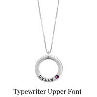 Forever Love Silver Necklace with Birthstones, hand stamped with kids names, shown on white