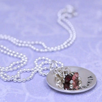 Handmade Sterling Silver Classic Birthstone Necklace, shown from the side with names Jake & Mia