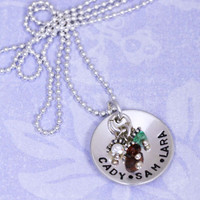 Handmade Sterling Silver Classic Birthstone Necklace, shown with names Cady, Sam, + Lara