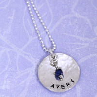 Handmade Sterling Silver Classic Birthstone Necklace handstamped with the name Avery