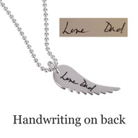 Custom Handwriting Memorial Charm Silver Angel Wing Necklace, shown with handwritten message from Dad used to personalize it