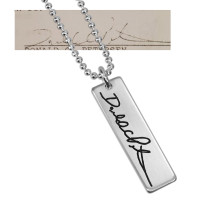 Custom Handwriting Tag in sterling silver, with actual handwriting, shown with original handwriting used to personalize it