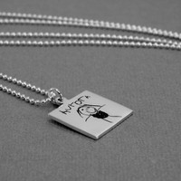 Silver Square Handwriting Artwork Necklace, shown from the side