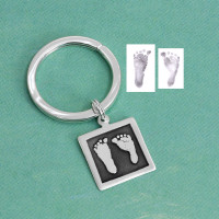 Custom sterling silver Key Ring with Etched Baby Prints, showing footprints