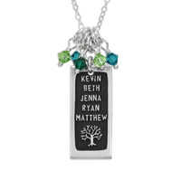 Silver Etched Rectangle Family Tree Necklace personalized with family names, shown close up on white