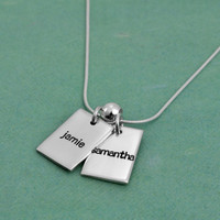 Personalized Funky Rectangle silver Necklace, hand stamped with kids' names, shown from the side