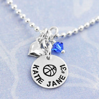 Silver Girls Disc with Heart and Birthstone, hand stamped with a flower and girl's name, shown with blue birthstone