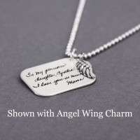 Memorial Silver Love Letter Handwriting Necklace, with angel wing charm, personalized with handwriting from Mom, shown from the side