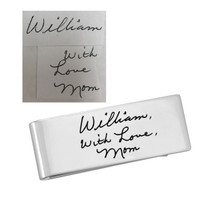 Personalized sterling silver handwriting money clip, engraved with note from Mom, shown on white, shown with original handwriting used to personalize it