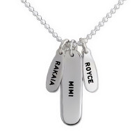 Silver Mom Tags Necklace, stamped with kids names, shown up close on white