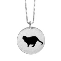 Sterling silver circle necklace with silhouette of pet cat, shown close up on white background