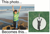 Before & after illustration of custom silhouette silver necklace, with original photo of boy raising his arms used to personalize the necklace