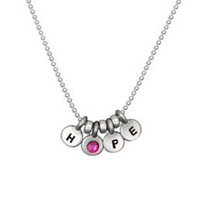 Breast cancer awareness necklace made from Our Tiniest Initials Necklace, custom made with sterling silver hand stamped charms, with Hope spelled out with pink stone necklace