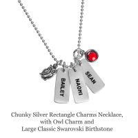 Sterling silver Owl Charm, shown on Chunky Silver Rectangle Charms Necklace with Large Classic Swarovski Birthstone