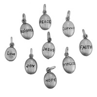inspirational words on puffy sterling silver charms to add to a necklace, on white background