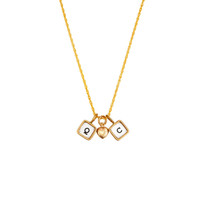 Mini squares with initials on gold chain, shown on white