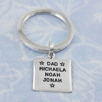 Each family member's name on a personalized silver Square Life Key Ring