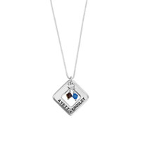 Wide view of custom silver square charm, stamped with 4 kids' names, with a stone cluster hung in the middle, on a silver chain, shown on white