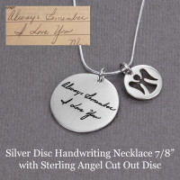 Custom memorial Silver Disc Handwriting Necklace, with Mom's handwritten note & signature used to personalize it, on a 7/8" disc, shown with Sterling Angel Cut Out Disc