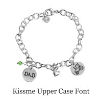 Hand stamped sterling silver custom charm bracelet, stamped with Kissme Upper Case font, with the word "Dad" and a symbol that represents him