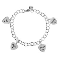 Custom silver heart charm bracelet, personalized with hand stamped names, shown with 4 charms and stamped hearts