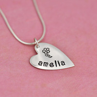 Custom Hand stamped mommy jewelry, with sterling silver hearts personalized with names, stamped with Amelia, an a flower