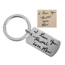 Custom silver Handwriting Dog Tag key ring, personalized with handwritten Valentine's Day note from wife to husband