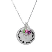 Custom hand stamped mom necklace in fine pewter, shown with birthstones for the kids names 