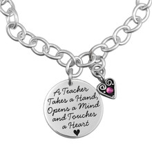 Close up of custom Silver Teacher Saying Charm Bracelet, personalized with silver heart birthstone charm, shown on white