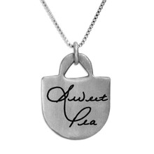 Custom sterling silver Love Tote Handwriting Necklace, personalized with your loved one's actual handwriting, shown close up on white