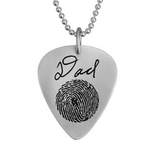 Custom memorial silver guitar pick necklace, engraved with Dad's signature and fingerprint, hung on silver ball chain, shown on white