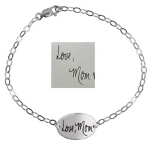 Sweet Oval Handwriting Bracelet in silver, with the original handwritten note Love Mom used to personalize it