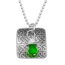 Custom handmade sterling silver Celtic Knot necklace, with green briolette stone, perfect for St Patrick's day, shown close