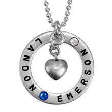 Forever Love Silver Necklace with Birthstones, hand stamped with kids names in block upper font