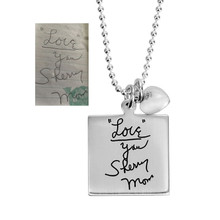 Memorial Silver Square Handwriting Artwork Necklace, shown close up with original handwritten note & signature from mom used to personalize it, hung with a silver puffed heart charm