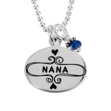 Sterling Silver Nana Necklace, shown with birthstone close up on white