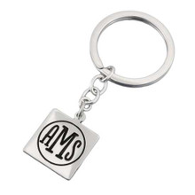 Personalized Silver Square Monogram Key Ring, customized with your monogrammed initials, shown on white