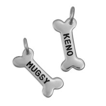 Sterling silver dog bone charm with hand stamped names to add to a personalized necklace