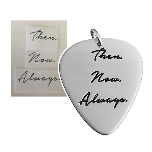 Custom sterling silver guitar pick personalized with your loved one's actual handwriting, shown on white