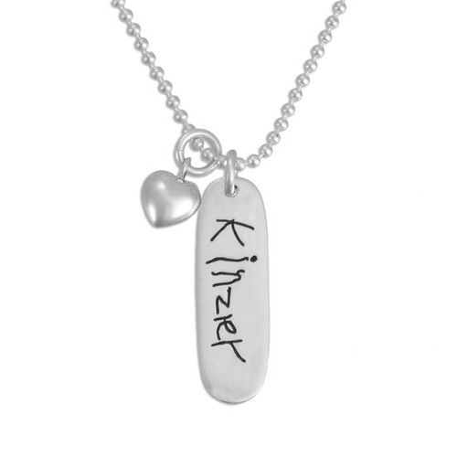 Custom Silver Handwriting Mom Tag Necklace, personalized with child's handwritten signature, with silver puffed heart charm