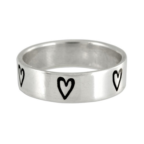 Custom Hand stamped wide band heart ring, in sterling silver