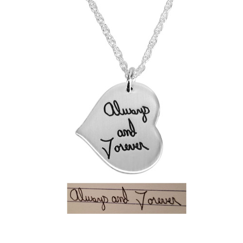 Silver Handwriting on a heart charm,  personalized with husband's actual handwriting  "Always and Forever", shown on white