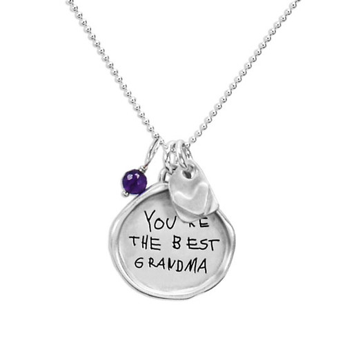 Custom silver circle handwriting necklace, with a birthstone & heart charm, personalized with note from grandson, shown with close up on white