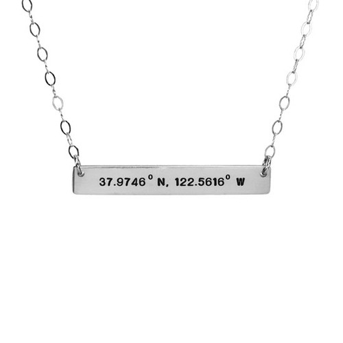 Hand stamped Coordinates bar necklace in silver