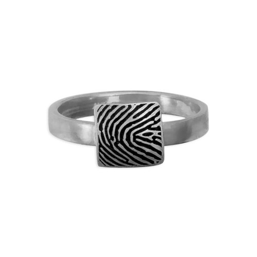 custom square shaped fingerprint jewelry ring in sterling silver, shown on white, close up