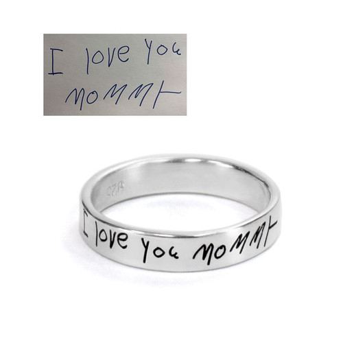 custom Stackable Handwriting Ring, shown with original handwritten note to Mom from child used to personalize it, shown on white