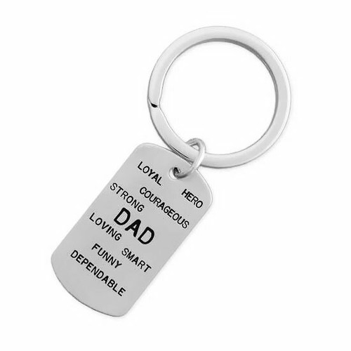 Father's Day gift of custom silver military tag key chain personalized with DAD and words from the kids describing their dad