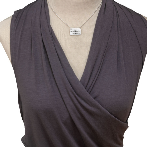 Handwriting mom gift Sterling silver rectangle jewelry shown on model