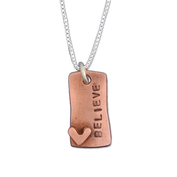 Hand Stamped Loved Copper Rectangle Necklace, close up