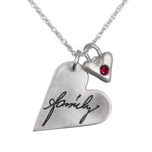 Custom silver Sculpted Heart Handwriting Necklace, with the word family, and a red birthstone